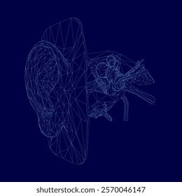 Blue drawing of a internal structure human ear.. The ear is shown in detail. Concept of curiosity and wonder