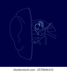 Blue drawing of a internal structure human ear.. The ear is shown in detail. Concept of curiosity and wonder