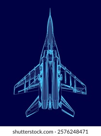 Blue drawing of a jet plane with a pointed nose. The jet is in the middle of the image and is the main focus