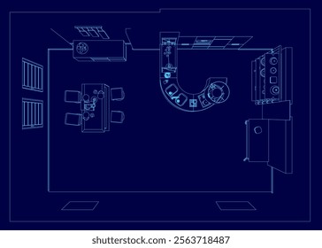 Blue drawing of a kitchen with a curved counter and a sink. The kitchen is empty and has a modern design