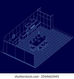 Blue drawing of a kitchen and dining room. The kitchen has a sink, a refrigerator, and a stove. The dining room has a table with chairs around it