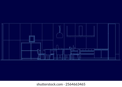 Blue drawing of a kitchen with a dining table and chairs. The kitchen is shown in a outline style