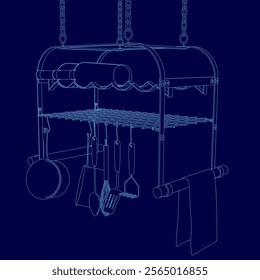 Blue drawing of a kitchen with a hanging rack for utensils. The rack is filled with various utensils such as spoons, forks, knives, and a bowl