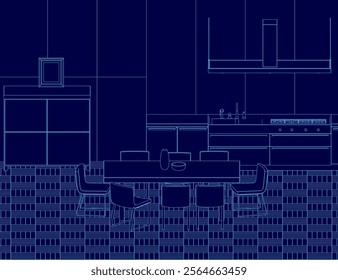 Blue drawing of a kitchen with a large table and chairs. The kitchen is modern and clean, with a stove and oven in the background