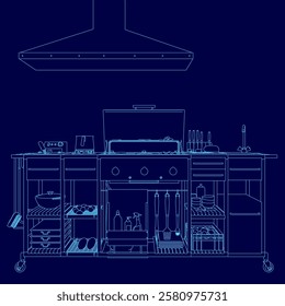 A blue drawing of a kitchen with a stove and a hood. The stove is on the right side of the image