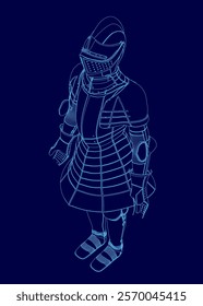 Blue drawing of a knight in full armor. The knight is standing tall and looking to the right. The knight is wearing a helmet and a suit of armor, which is made of metal