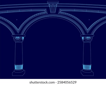 A blue drawing of a large archway with pillars. The archway is very wide and the pillars are tall