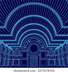 Blue drawing of a large building with a dome. The building is very large and has a lot of windows