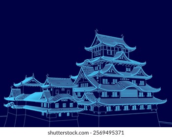 Blue drawing of a large building with a lot of windows. The building is in a foreign country and has a lot of detail