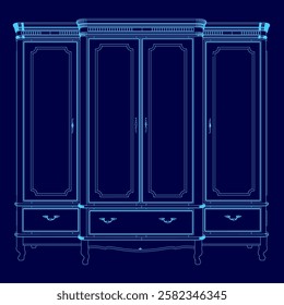 A blue drawing of a large cabinet with four doors and four drawers. The cabinet is made of wood and has a classic design