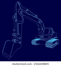 Blue drawing of a large construction machine. The drawing is of a large excavator with a large scoop on the front