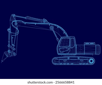 Blue drawing of a large construction vehicle. The drawing is in blue and is very detailed