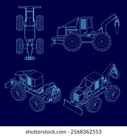 Blue drawing of a large construction vehicle. The drawing is of four different views of the vehicle, including the front, back, and sides. The vehicle is designed to be a large