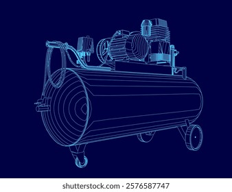 Blue drawing of a large, industrial-looking piece of equipment. The drawing is in blue, but the blue color is used to emphasize the machinery. Scene is industrial and mechanical