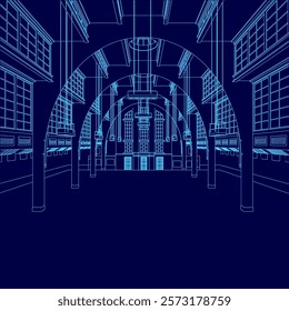 Blue drawing of a large room with a blue archway. The room is empty and the archway is the only thing visible