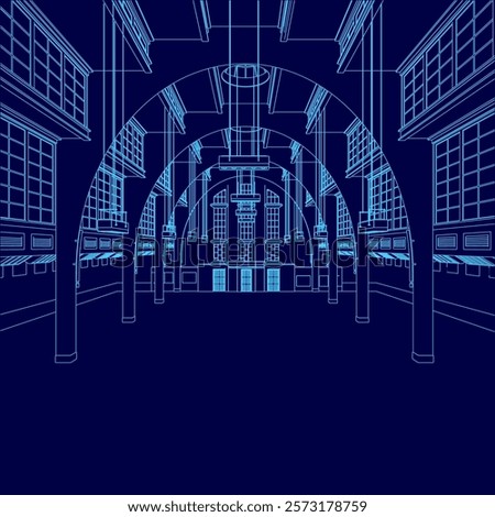 Blue drawing of a large room with a blue archway. The room is empty and the archway is the only thing visible