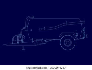 Blue drawing of a large tank. The tank is on a trailer and has a handle