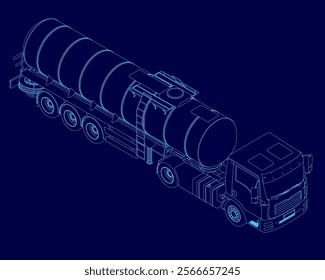 Blue drawing of a large tanker truck. The truck is shown in a 3D format, with a focus on its design and structure. Concept of industrial strength and power