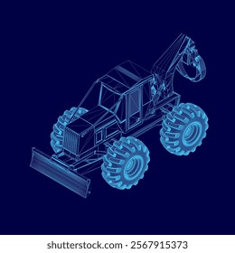 Blue drawing of a large truck with a large scoop on the front. The truck is shown in a blue color scheme