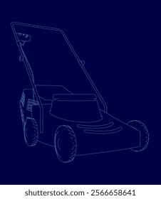 Blue drawing of a lawn mower. The lawn mower is shown in a stylized way, with a focus on its design and features. Concept of modernity and efficiency