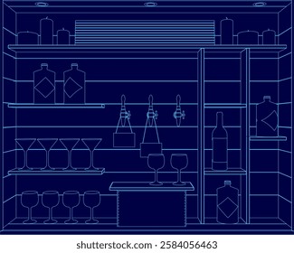 A blue drawing of a liquor cabinet with many bottles and glasses. Scene is that of a well-stocked bar or liquor store