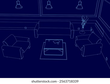 Blue drawing of a living room with a couch, a coffee table, and a potted plant