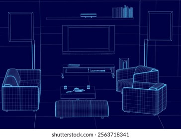 Blue drawing of a living room with a couch and two chairs. The couch is on the left side of the room and the chairs are on the right. There is a television in the background