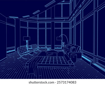 Blue drawing of a living room with a couch, a coffee table, and a few chairs