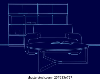 Blue drawing of a living room with a couch and coffee table. The couch is a large, round shape and the coffee table is a smaller, round shape. The room is empty