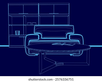 Blue drawing of a living room with a couch and a coffee table. The couch is the main focus of the image, and it is shown in a stylized way. The coffee table is also present in the image