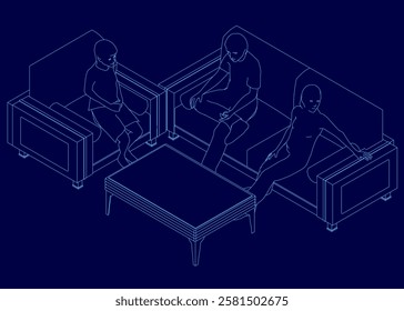 A blue drawing of a living room with a couch, a coffee table, and two people sitting on the couch