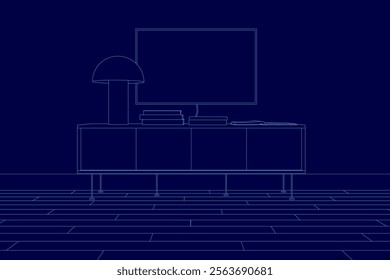 Blue drawing of a living room with a television and a lamp. The room is empty and the television is turned off