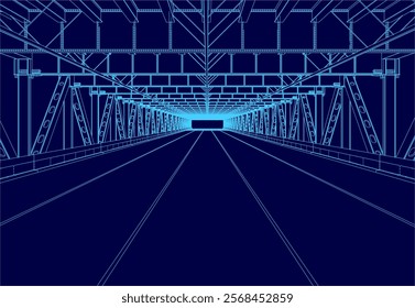 Blue drawing of a long, empty tunnel. The tunnel is very long and has no people or objects in it. Scene is very calm and peaceful