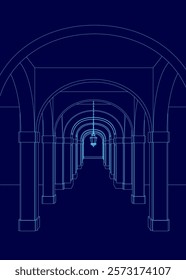 Blue drawing of a long hallway with a light hanging from the ceiling. The hallway is empty and the light is the only source of illumination