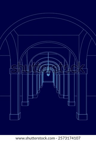 Blue drawing of a long hallway with a light hanging from the ceiling. The hallway is empty and the light is the only source of illumination