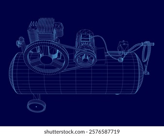 Blue drawing of a machine with a blue background. The machine is a compressor. The compressor is shown in a very detailed manner, with the wheels and gears clearly visible. Scene is one of precision