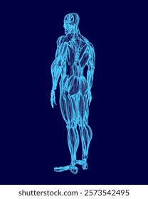 Blue drawing of a man with muscles. The man is standing with his arms crossed and looking to the right. The drawing is of a man with a muscular build and is in a blue