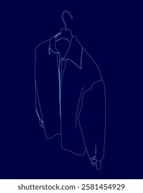 A blue drawing of a man's jacket hanging on a hanger. The jacket is a dark blue color with a collar. Concept of simplicity and minimalism, with the focus on the jacket