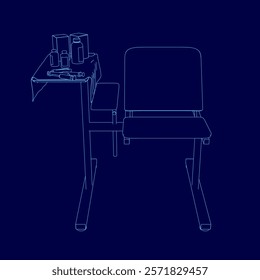 Blue drawing of a medical desk with a chair and a table. The table has a cup and a bottle on it