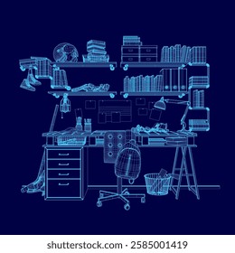 A blue drawing of a messy desk with a backpack on it. The desk is cluttered with books and other items, and there is a chair in front of it. Scene is chaotic and disorganized