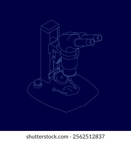 Blue drawing of a microscope with a blue outline. The drawing is of a scientific instrument used for observing small objects