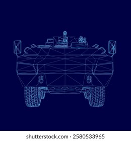 Blue drawing of a military tank. The tank is shown in a very detailed and precise manner, with every part of the vehicle clearly visible. Concept of strength and power, as well as a sense of awe