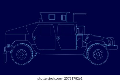 Blue drawing of a military vehicle. The vehicle is a Humvee and is shown in a blue style. Scene is serious and focused on the vehicle's design and features