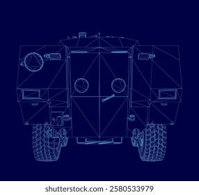 Blue drawing of a military vehicle outline. The vehicle is a tank and the drawing is in a blue color