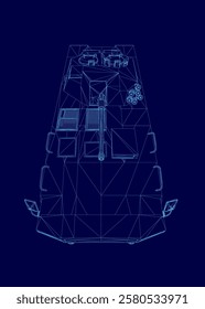 Blue drawing of a military vehicle. The vehicle is a tank with a blue color scheme