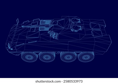 Blue drawing of a military vehicle. The vehicle is a tank with a blue color scheme