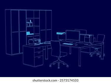 Blue drawing of a modern office space with a desk, chair, and printer. The room is well-lit and organized, with a sense of professionalism and efficiency