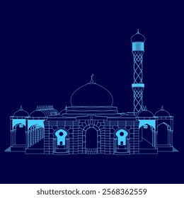 Blue drawing of a mosque with a dome and a minaret. The drawing is in blue and has a very simple and clean style