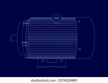 Blue drawing of a motor. The motor is shown in a blue drawing