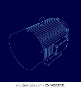 Blue drawing of a motor. The motor is shown in a 3D format. The motor is a large, powerful piece of machinery